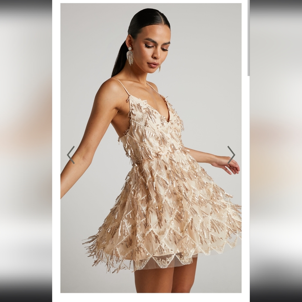 Showpo Khrizza Mini Dress Gold Sequin Gathered Dress - Eras Tour